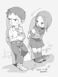  1boy 1girl artist_name closed_mouth dated full_body greyscale hounori karakai_jouzu_no_takagi-san long_hair monochrome neckerchief nishikata open_mouth sailor_collar school_uniform shirt short_hair skirt smile takagi-san white_shirt 