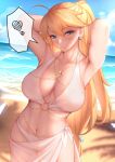  1girl absurdres ahoge arm_at_side armpits arms_up artoria_pendragon_(fate) artoria_pendragon_(lancer)_(fate) beach bikini blonde_hair blue_eyes breasts cleavage closed_mouth cloud day earrings fate/grand_order fate_(series) genkung heart highres jewelry large_breasts long_hair looking_at_viewer navel necklace o-ring o-ring_bikini outdoors ponytail ring_necklace sand sarong see-through smile solo speech_bubble spoken_heart swimsuit very_long_hair water white_bikini 