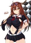  breasts brown_eyes brown_hair checkered_flag clothing_cutout cosplay dated eyewear_on_head flag hair_flaps hand_on_hip highres huge_breasts kantai_collection long_hair montemasa murasame_(kancolle) murasame_(kancolle)_(cosplay) navel navel_cutout race_queen shiratsuyu_(kancolle) sunglasses twitter_username 