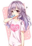  1girl ? arm_at_side blush breasts collarbone commentary_request cowboy_shot eyelashes food_in_mouth grey_hair hair_between_eyes hair_down hand_up heart heart_print highres kinoshita_kaede long_hair looking_at_viewer out-of-frame_censoring pink_shirt popsicle_in_mouth red_eyes sesen2000 shirt short_sleeves small_breasts solo tenshi_souzou wavy_hair yes 