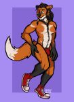  absurd_res anthro black_body black_fur blush canid canine clothing desperation footwear fox fur green_eyes hair hi_res long_hair male mammal muscular muscular_anthro muscular_male nervous omorashi orange_body orange_fur shadyhouse shoes sneakers solo speedo swimwear white_body white_fur 