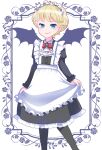  1boy androgynous apron ara_(sora-ageha) ascot black_dress black_pantyhose blonde_hair bow buttons closed_mouth crossdressing demon_wings dot_nose dress eyelashes feet_out_of_frame frilled_apron frills juliet_sleeves kiryu_miharu long_sleeves maid maid_headdress male_focus pantyhose puffy_sleeves red_bow smile solo white_apron white_ascot white_background wings witch_watch 