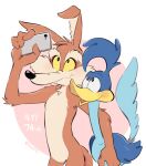  anthro avian beak bird blue_body brown_body brown_fur canid canine canis cellphone coyote cuculiform duo fur gz8ty holding_cellphone holding_object holding_phone looney_tunes male mammal new_world_ground_cuckoo phone road_runner_(looney_tunes) selfie signature simple_background warner_brothers wile_e._coyote 