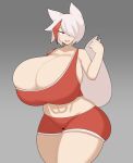  abs absurd_res animal_humanoid ash_(duskyer) big_breasts breasts bulging_breasts canid canid_humanoid canine canine_humanoid cleavage clothed clothing duskyer female fox_humanoid grey_background hair hair_over_eye hi_res huge_breasts humanoid looking_at_viewer mammal mammal_humanoid navel one_eye_obstructed raised_tail red_eyes short_hair simple_background solo tail thick_thighs white_hair white_tail wide_hips 