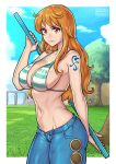  1girl bikini bikini_top_only breasts day denim green_bikini holding holding_pole jeans large_breasts long_hair nami_(one_piece) navel one_piece orange_eyes orange_hair outdoors pants pole redjet shoulder_tattoo solo swimsuit tattoo tree 