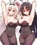  2girls absurdres akizuki_kanna alternate_costume angry animal_ears armpits arms_behind_head arms_up black_hair black_hairband black_leotard black_pantyhose blush bow breast_press breasts cafe_stella_to_shinigami_no_chou cleavage collarbone commentary covered_navel cowboy_shot curvy d: eyelashes fake_animal_ears fake_tail grin hair_between_eyes hair_ornament hairband hairclip hakutocake heart highres jitome large_breasts leotard long_hair multiple_girls one_side_up open_mouth paid_reward_available pantyhose parted_bangs playboy_bunny presenting_armpit purple_eyes rabbit_ears rabbit_tail red_bow red_ribbon ribbon shaded_face shiki_natsume simple_background smile standing strapless strapless_leotard symmetrical_docking tail very_long_hair white_background white_hair yellow_eyes 