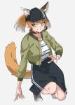  1girl animal_ear_fluff animal_ears baseball_cap black_headwear black_skirt blush brown_footwear brown_hair cat_ears cat_girl cat_tail commentary ears_through_headwear extra_ears green_eyes green_jacket grey_background grin hat highres jacket kemono_friends kemono_friends_3 long_sleeves medium_skirt multicolored_hair official_alternate_costume open_clothes open_jacket orange_hair puffy_sleeves puma_(kemono_friends) shirt shoes short_hair simple_background skirt smile sneakers solo squatting striped striped_shirt tail tanabe_(fueisei) white_shirt 