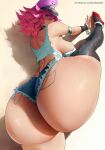  1girl araneesama armlet ass ass_focus black_thighhighs blue_shorts breasts collar cuffs cutoffs denim denim_shorts from_below handcuffs hat highres huge_ass large_breasts looking_at_viewer peaked_cap pink_hair pink_headwear poison_(final_fight) shorts sideboob simple_background street_fighter tank_top thick_thighs thighhighs thighs torn_clothes white_background 