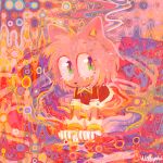  1girl abstract abstract_background amy_rose animal_ears animal_nose closed_mouth commentary dress english_commentary furry furry_female gloves green_eyes highres red_dress signature solo sonic_(series) wellspkd white_gloves 