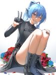  1girl belt blue_eyes blue_hair boots bouquet chest_belt flower gloves grin hair_between_eyes hair_ribbon hololive hoshimachi_suisei looking_at_viewer official_alternate_costume one_eye_closed phoebe_(pixiv_55159801) ponytail ribbon shorts single_glove smile solo squatting star_(symbol) star_in_eye sweat symbol_in_eye virtual_youtuber w 