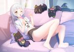 1girl absurdres alternate_costume bare_legs barefoot black_shorts blunt_bangs blush commentary couch curtains eyelashes feet food full_body grey_hair hands_up highres holding hololive indoors knees_together_feet_apart legs licking long_hair looking_at_viewer lying midriff murasaki_shion navel on_back one_eye_closed orange_eyes pillow popsicle shiny_skin shiokko_(murasaki_shion) shirt short_eyebrows short_shorts short_sleeves shorts sidelocks signature soles solo t-shirt thighs toenails toes toketa_(toketa15) virtual_youtuber white_shirt 