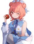  1girl ;) ahoge apple bare_shoulders belt blue_jacket blue_necktie blue_sailor_collar blue_skirt blush breasts buttons double-breasted double_bun food fruit grey_belt hair_bun hat highres holding holding_food holding_fruit jacket large_breasts long_sleeves looking_at_viewer medium_hair miniskirt multicolored_clothes multicolored_jacket navel necktie nomo_(no_mo) off_shoulder on_one_knee one_eye_closed open_clothes open_jacket pink_eyes pink_hair pleated_skirt sailor_collar shirt simple_background skirt sleeveless sleeveless_shirt smile solo thighhighs two-tone_jacket underbust vspo! white_background white_headwear white_jacket white_shirt white_thighhighs wing_collar yumeno_akari 