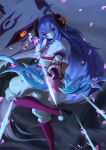  1girl absurdres ahoge arrow_(projectile) blue_hair braid curled_horns flower hair_between_eyes hair_flower hair_ornament highres horns japanese_clothes kindred_(league_of_legends) lamb_(league_of_legends) league_of_legends long_hair official_alternate_costume official_alternate_hairstyle orange_eyes promasic purple_hair side_braid spirit_blossom_(league_of_legends) spirit_blossom_kindred twin_braids wolf_(league_of_legends) yellow_eyes 