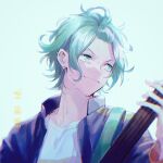  1boy blue_jacket earrings from_argonavis green_eyes green_hair grey_background guitar highres himishiro holding holding_guitar holding_instrument instrument jacket jewelry long_sleeves looking_to_the_side male_focus multicolored_clothes multicolored_jacket multicolored_shirt multiple_earrings music nijou_kanata playing_instrument red_jacket shirt solo white_shirt yellow_jacket yellow_shirt 