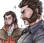  2boys analligator bara beard black_hair black_shirt blush brown_hair closed_mouth collared_shirt couple facial_hair graves_(league_of_legends) highres large_pectorals league_of_legends long_hair looking_at_pectorals male_focus meme multiple_boys muscle_envy muscular muscular_male pectoral_envy_(meme) pectoral_focus pectorals red_vest shirt simple_background twisted_fate upper_body vest white_background white_shirt yaoi 