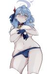  1girl absurdres ako_(blue_archive) bell blue_archive blue_hair blue_halo blue_panties blue_ribbon blush breasts closed_mouth cowbell hair_between_eyes hair_ribbon halo highres large_breasts looking_at_viewer neck_bell nipples ocha_(popopogg) panties ribbon simple_background solo topless underwear white_background 