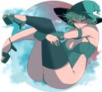  1girl absurdres ass bare_shoulders breasts feet full_body green_eyes green_hair green_nails hat high_heels highres huge_ass jobin_chan lingerie looking_at_viewer md5_mismatch midair one-punch_man pantyhose resolution_mismatch short_hair solo source_smaller tatsumaki underwear witch_hat 