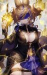  1girl animal_ears black_dress blindfold blue_hair breasts brown_hair chain cleavage cleavage_cutout clothing_cutout cowboy_shot crystal dress facing_viewer galleon_(granblue_fantasy) galleon_(life&#039;s_compassionate_observer)_(granblue_fantasy) granblue_fantasy hand_up highres horns large_breasts long_hair long_sleeves multicolored_hair parted_lips shionty sleeves_past_wrists smile solo thigh_strap two-tone_hair 
