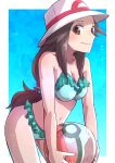  1girl alternate_costume aqua_bikini ball bare_shoulders beachball bikini breasts brown_eyes brown_hair cleavage collarbone cowboy_shot hat highres holding holding_ball holding_beachball kotobukkii_(yt_lvlv) leaf_(pokemon) long_hair navel pokemon pokemon_(game) pokemon_frlg smile solo swimsuit thighs white_headwear 