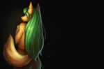  2019 absurd_res anthro biped butt canid canine claws digital_media_(artwork) eyebrows eyelashes female fur green_claws green_eyebrows green_eyes green_hair hair hi_res igazella long_hair looking_at_viewer looking_back looking_back_at_viewer mammal pink_nose rear_view shaded solo tail yellow_body yellow_fur 