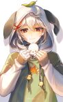  1boy animal_ears bandaged_hand bandages closed_mouth dog_ears genshin_impact highres hood hood_up hoodie kaedehara_kazuha leaf leaf_on_head long_sleeves male_focus maple_leaf multicolored_hair platina_lala pochacco red_eyes red_hair sanrio smile solo streaked_hair twitter_username white_hair 