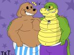  2023 alligator alligatorid anthro belly big_belly brok_(character) brok_the_investigator canid canine canis clothing crocodilian domestic_dog duo embrace hug male mammal moobs one_eye_closed overweight overweight_male reptile sam_and_max samuel_dog scalie tokerutrash underwear wink 