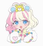  1girl :d amauri_miruki animal_ears bear_ears bear_paws blonde_hair blue_eyes blush bow commentary_request fake_animal_ears highres looking_at_viewer multicolored_hair nojima_minami open_mouth pink_hair pretty_(series) short_hair simple_background smile solo stuffed_animal stuffed_toy teddy_bear two-tone_hair upper_body waccha_primagi! white_background yellow_bow 