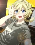  1girl blonde_hair blue_eyes blush braid braided_ponytail claw_pose elfnein highres indoors looking_at_viewer mole mole_under_eye monitor open_mouth senki_zesshou_symphogear shirt short_hair smile solo tanashi_(mk2) upper_body 