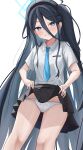  1girl absurdly_long_hair absurdres aris_(blue_archive) black_hair black_hairband black_skirt blue_archive blue_eyes blue_halo blue_necktie blush clothes_lift collared_shirt commentary feet_out_of_frame hair_between_eyes hairband halo highres hoangryu lifted_by_self long_bangs long_hair looking_at_viewer naughty_face necktie panties pleated_skirt shirt shirt_tucked_in short_sleeves side_ponytail simple_background skirt skirt_lift solo underwear very_long_hair white_background white_panties white_shirt 