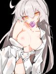  1girl absurdres black_background button_gap condom condom_in_mouth dress_shirt error1980 head_tilt highres honkai_(series) honkai_impact_3rd kiana_kaslana long_hair long_sleeves looking_at_viewer mouth_hold nipple_slip nipples off-shoulder_shirt off_shoulder partially_unbuttoned sexually_suggestive shirt solo upper_body white_hair white_shirt yellow_eyes 