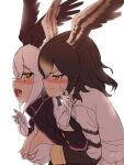  2girls absurdres bald_eagle_(kemono_friends) bird_girl bird_wings black_hair blush brown_hair gloves grabbing grabbing_another&#039;s_breast grabbing_from_behind groping hair_between_eyes head_wings highres jacket kemono_friends long_hair long_sleeves masuyama_ryou molestation multicolored_hair multiple_girls nipple_tweak nipples northern_goshawk_(kemono_friends) open_mouth shirt short_hair smile white_hair wings yellow_eyes yuri 