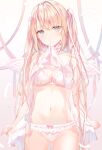  1girl acusoy12 angel_wings blonde_hair blush bow bow_bra bow_panties bra breasts choker cleavage collarbone commentary dot_nose expressionless feathered_wings hair_ribbon highres lace lace-trimmed_bra lace_choker lace_trim long_hair looking_at_viewer medium_breasts mouth_hold navel original panties pink_bra pink_panties ribbon solo stomach symbol-only_commentary twintails underwear very_long_hair white_wings wings 