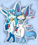  2023 3_toes 4_fingers anthro bell bell_collar black_nose blue_body blue_eyes blue_fur bow_ribbon cel_(glaceon) chest_tuft clothing collar cute_fangs duo eeveelution eyewear feet female fingers fur generation_4_pokemon generation_6_pokemon glaceon goggles gold_ring hand_holding hi_res hoodie katandstar154 nintendo open_mouth pawpads paws pokemon pokemon_(species) sai_(sylveon) shiny_pokemon simple_background sylveon teeth toes tongue topwear tuft white_body white_fur yellow_eyes 