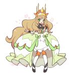  blonde_hair bow butterfly_hair_ornament celine_(fire_emblem) crown dress fire_emblem fire_emblem_engage green_bow green_dress green_eyes hair_ornament highres long_hair looking_at_viewer orange_bow solo very_long_hair yomico_2gou 