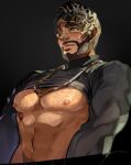  1boy abs apex_legends bara beard black_shirt chain_necklace chest_hair dark-skinned_male dark_skin eyebrow_cut facial_hair green_eyes hair_slicked_back jewelry karipaku large_pectorals looking_away male_focus mature_male mirage_(apex_legends) muscular muscular_male navel navel_hair necklace nipples pectoral_focus pectorals shirt solo stomach sweatdrop thick_eyebrows tight_clothes tight_shirt underpec upper_body 