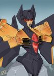  1girl black_lips breasts curvy delari highres humanoid_robot lips mechanical_parts medium_breasts narrow_waist novastorm red_eyes robot thick_thighs thighs transformers transformers:_earthspark wings 