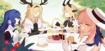  4girls animal_ears antlers arknights astesia_(arknights) black_bodysuit black_bow black_bowtie black_gloves black_shirt blonde_hair blue_eyes blue_hair bodysuit bow bowtie cake cake_slice ceylon_(arknights) cookie cup deer_antlers deer_ears deer_girl dragon_girl dragon_horns feather_hair flower food gloves hair_over_one_eye hat highres holding holding_cup holding_saucer horns jacket kettle long_sleeves looking_at_viewer looking_back macaron metal_crab_(arknights) multiple_girls official_alternate_costume open_mouth outdoors pink_hair red_flower reed_(arknights) reed_the_flame_shadow_(arknights) saucer shirt table tea tea_party teacup tiered_tray tree vento viviana_(arknights) white_gloves white_headwear white_jacket white_shirt yellow_eyes 