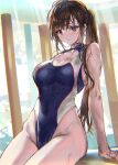 1girl bangs bare_arms bare_shoulders black_hair blue_one-piece_swimsuit breasts cleavage closed_mouth commentary covered_navel highleg highleg_swimsuit highres large_breasts long_hair looking_at_viewer one-piece_swimsuit orange_eyes original ponytail ran&#039;ou_(tamago_no_kimi) solo swimsuit wet 