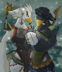  anthro armor avian bandage bird black_body bow_(weapon) braided_pseudo_hair breath_of_the_wild duo feathers harth_(tloz) male male/male nintendo pseudo_hair ranged_weapon rito sheep_riritoto snow teba_(tloz) the_legend_of_zelda weapon white_body white_feathers 