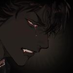  1boy blood blood_from_mouth brown_background brown_hair clenched_teeth crying dark-skinned_male dark_skin fangs furrowed_brow grey_eyes highres looking_down male_focus original pipopubebu portrait simple_background slit_pupils solo tears teeth very_dark_skin 