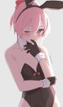  1girl animal_ears bare_shoulders black_gloves blue_background blush detached_collar fake_animal_ears flat_chest gloves looking_at_viewer one_eye_closed original pink_hair playboy_bunny purple_eyes rabbit_ears simple_background skeptycally solo wrist_cuffs 