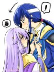 ! 1boy 1girl blue_eyes blue_hair blush brother_and_sister circlet dress fire_emblem fire_emblem:_genealogy_of_the_holy_war headband holding implied_incest julia_(fire_emblem) long_hair looking_at_another looking_down looking_up ponytail purple_eyes purple_hair seliph_(fire_emblem) siblings simple_background spoken_expression white_headband yukia_(firstaid0) 