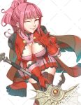  1girl ;) axe boots breasts cleavage cleru_(cleruuuuu) earrings fire_emblem fire_emblem:_three_houses fire_emblem_warriors:_three_hopes gloves highres hilda_valentine_goneril jewelry large_breasts looking_at_viewer medium_hair official_alternate_costume official_alternate_hairstyle one_eye_closed pink_eyes pink_hair ponytail smile solo thigh_boots white_background 