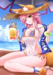  1girl ;q absurdres animal_ears beach bikini blue_bikini breasts brown_eyes brown_headwear cleavage closed_mouth commission covered_navel cup derivative_work ears_through_headwear fate/grand_order fate_(series) fox_ears fox_girl fox_tail g_(genesis1556) hat highres holding holding_cup holding_spoon horizon kitsune large_breasts looking_at_viewer medium_hair multiple_sources one_eye_closed parasol pink_hair see-through see-through_shirt short_hair sitting skeb_commission smile solo spoon straw_hat swimsuit tail tamamo_(fate) tamamo_no_mae_(fate/extra) tamamo_no_mae_(swimsuit_lancer)_(fate) tongue tongue_out umbrella wariza 