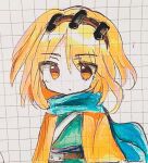  1other androgynous belt blonde_hair blue_scarf brown_belt brown_hairband chuqi1030 closed_mouth commentary_request graph_paper green_kimono hairband jacket japanese_clothes kimono len&#039;en looking_at_viewer medium_hair no_nose open_clothes open_jacket orange_eyes orange_jacket other_focus scarf solo traditional_media upper_body zuifeng_tenkai 
