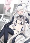  2girls bare_shoulders bikini black_bikini black_gloves black_pantyhose blue_archive blurry blurry_background blush breasts breasts_apart chair clothes_pull coat collarbone ear_piercing eimi_(blue_archive) fataaa flashing flower gloves grey_hair groin hair_flower hair_ornament hair_tubes hairband halo halterneck heart highres himari_(blue_archive) jacket long_hair looking_at_viewer micro_bikini multiple_girls navel open_clothes open_coat open_jacket open_mouth paid_reward_available pantyhose pantyhose_pull piercing pink_eyes pointy_ears sidelocks sitting small_breasts smile solo spoken_heart stomach sweat swimsuit thighs undressing wheelchair 