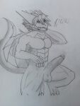  3_toes 4ll3n absurd_res anthro biped claws dragon feet finger_claws genitals hair hi_res long_hair looking_at_viewer male muscular muscular_male penis rakuo solo tail thick_thighs toe_claws toes tongue tongue_out traditional_media_(artwork) wingless_dragon 