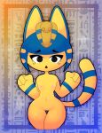  absurd_res animal_crossing ankha_(animal_crossing) anthro big_head blue_hair breasts clothing cordicedraw curvy_figure cute_expression female glistening glistening_body hair headgear headwear hi_res hieroglyphics navel nintendo nipples shy small_breasts solo thick_thighs wide_hips yellow_body 