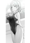  1girl arms_behind_back blunt_bangs competition_swimsuit cowboy_shot fence greyscale highleg highleg_swimsuit highres looking_at_viewer luse_maonang monochrome one-piece_swimsuit original short_hair solo standing swimsuit two-tone_swimsuit 