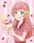  1girl :q blush_stickers bow braid commentary earrings food food_on_face french_braid fruit green_bow hair_bow haruru_(dontacocon) hirogaru_sky!_precure ice_cream jewelry long_hair multiple_hair_bows nijigaoka_mashiro pink_bag pink_hair precure puffy_short_sleeves puffy_sleeves short_sleeves solo strawberry swept_bangs symbol-only_commentary tongue tongue_out 